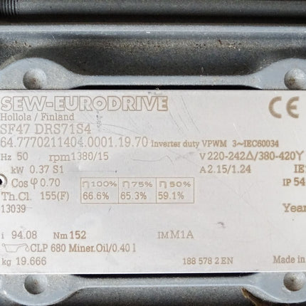 SEW Eurodrive Getriebemotor SF47DRS71S4 SF47 DRS71S4 1380/15rpm 0.37kW i94.08 Unbenutzt - Maranos.de