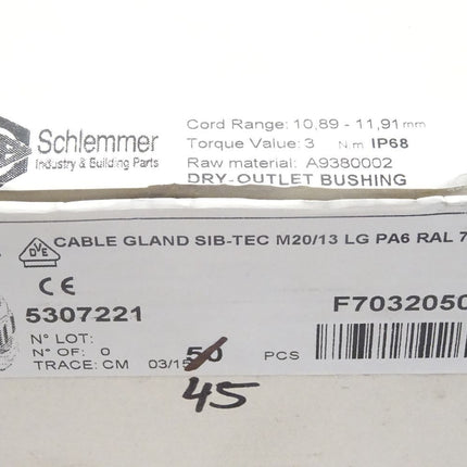 Schlemmer Cable Gland SIB-TEC M20/13 LG PA6 / 5307221 / Inhalt : 45 Stück / Neu OVP - Maranos.de