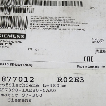 Siemens Profilschiene 6ES7390-1AE80-AA0 / 6ES7 390-1AE80-0AA0 / Neu versiegelt - Maranos.de