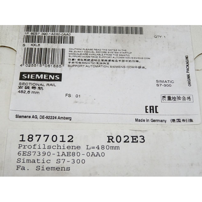 Siemens Profilschiene 6ES7390-1AE80-AA0 / 6ES7 390-1AE80-0AA0 / Neu versiegelt - Maranos.de