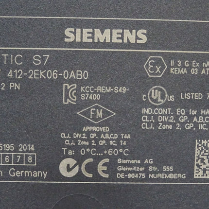 Siemens S7-400 CPU412-2 PN 6ES7412-2EK06-0AB0 6ES7 412-2EK06-0AB0 v6.0.3 - Maranos.de