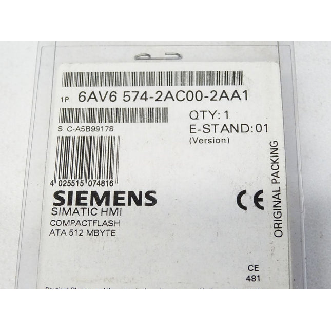 Siemens 6AV6574-2AC00-2AA1 / 6AV6 574-2AC00-2AA1 E:01 / Simatic HMI Compactflash 512MB / Neu OVP - Maranos.de