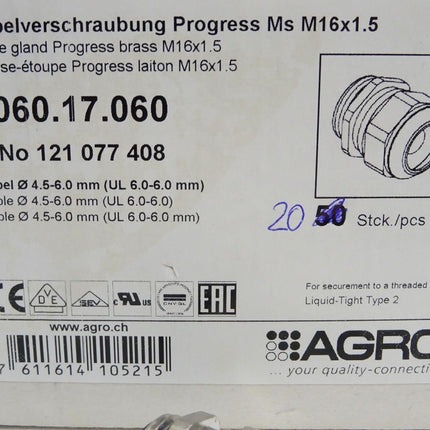 Agro Kabelverschraubung Progress Messing M16x1.5 1060.17.060 / Inhalt:20 Stück / Neu OVP - Maranos.de