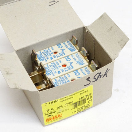 SIBA Sicherungen Fuses NH000 3URM Sicherungseinsätze 289752 50A gRL 690V 2047734.50 / Inhalt : 3 Stück / Neu OVP - Maranos.de