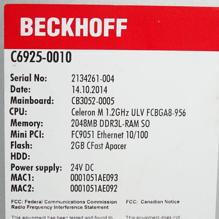 Beckhoff C6925-0010  Lüfterloser Schaltschrank-Industrie-PC mit Compact-Flash-Karte und Lizenz - Maranos.de