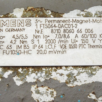Siemens Permanent Magnet Motor Servomotor 1FT5064-0AC01-2 2000min-1 - Maranos.de
