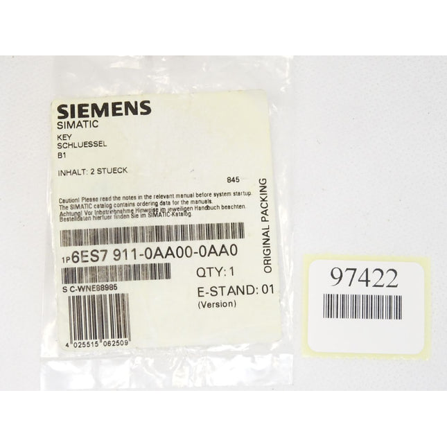 Siemens Simatic Key Schlüssel 6ES7911-0AA00-0AA0 6ES7 911-0AA00-0AA0 / Inhalt : 2 Stück / Neu OVP - Maranos.de