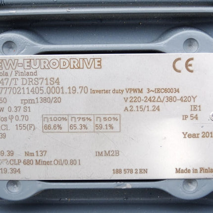 SEW Eurodrive Getriebemotor SH47/TDRS71S4 SH47/T DRS71S4 1380/20rpm 0.37kW i69.39 Unbenutzt - Maranos.de