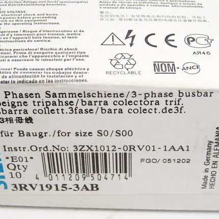 Siemens 3-Phasen-Sammelschiene 3RV1915-3AB / Inhalt : 10 Stück / Neu OVP - Maranos.de