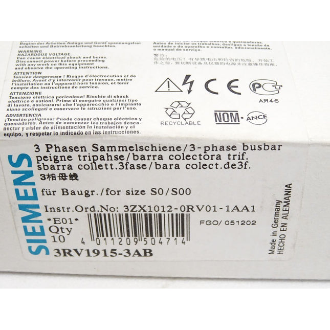 Siemens 3-Phasen-Sammelschiene 3RV1915-3AB / Inhalt : 10 Stück / Neu OVP - Maranos.de