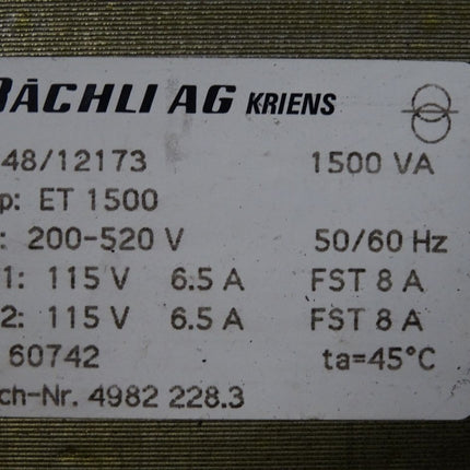 Bächli ET1500 200-520V auf 115V 6.5A 4982228.3 Trafo Transformator 1500VA - Maranos.de