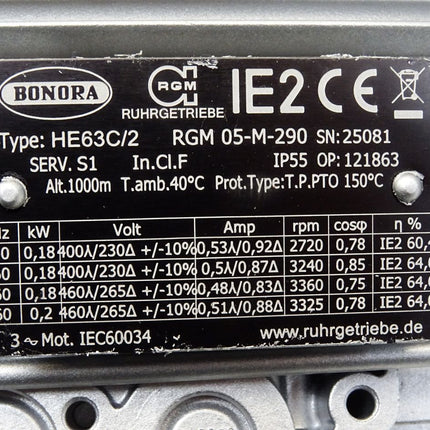 Bonora IE2 Getriebemotor HE63C/2 RGM 05-M-290 0.18kW 2720-3325rpm 55:1 / Neu - Maranos.de