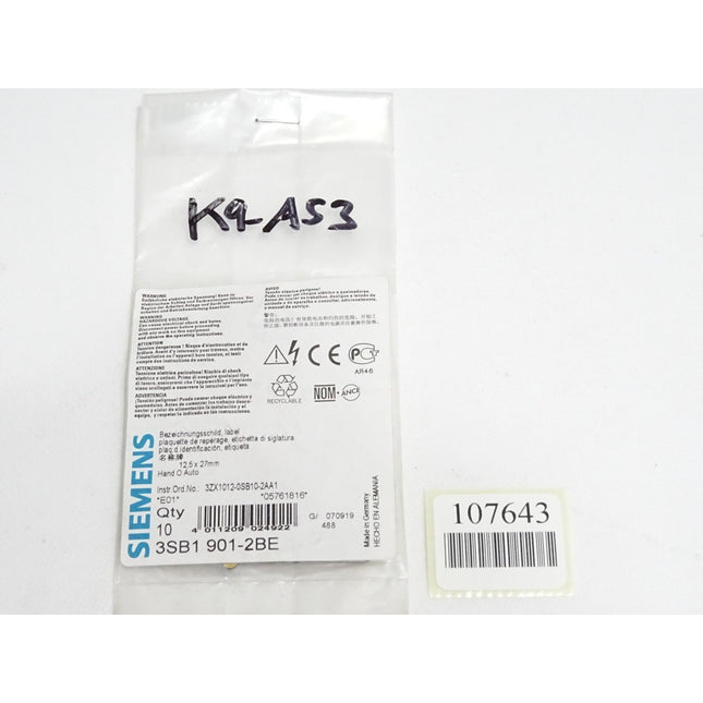 Siemens 3SB1901-2BE Bezeichnungsschild HAND O AUTO / Inhalt : 10 Stück / Neu OVP - Maranos.de