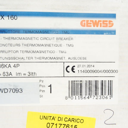 Gewiss Leistungsschalter Thermomagnetische Ausloeser MTX160 63A / GWD7093 / Neu OVP - Maranos.de