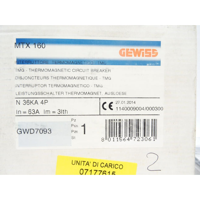 Gewiss Leistungsschalter Thermomagnetische Ausloeser MTX160 63A / GWD7093 / Neu OVP - Maranos.de