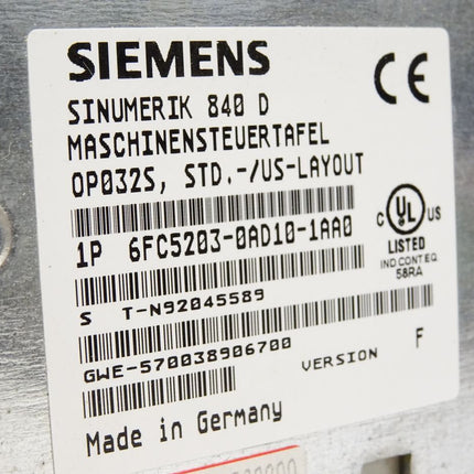 Siemens Sinumerik 840D Maschinensteuertafel 6FC5203-0AD10-1AA0 Version F / Neuwertig - Maranos.de