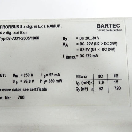 Bartec 07-7331-2305 / 1000 PROFIBUS-Interface 4 x digital out Ex e/8 x digital in Ex i - Maranos.de