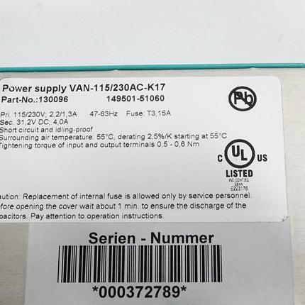 Pepperl+Fuchs 130096 VAN-115/230AC-K17 Power Supply / Neu OVP - Maranos.de