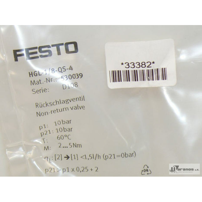 Neu-OVP: Festo HGL-1/8-QS-4 Rückschlag-Ventil  530039 - Maranos.de