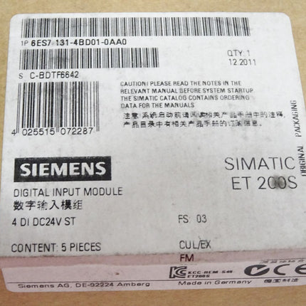Siemens ET200S 6ES7131-4BD01-0AA0 6ES7 131-4BD01-0AA0 Inhalt:5 Stück / Neu OVP versiegelt - Maranos.de