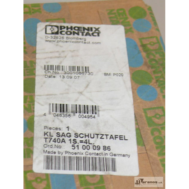 NEU OVP Phönix Contact KL SAG Schutztafel 51 00 09 86 Versiegelt - Maranos.de