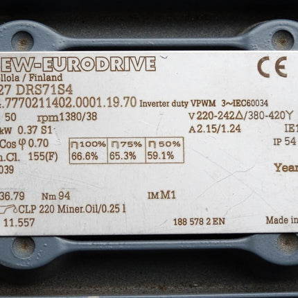 SEW Eurodrive Getriebmotor R27DRS71S4 R27 DRS71S4 0.37kW i36.79 1380/38rpm Unbenutzt - Maranos.de