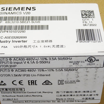 Siemens Sinamics V20 6SL3210-5BE21-5UV0 6SL3 210-5BE21-5UV0 / Neu OVP versiegelt - Maranos.de