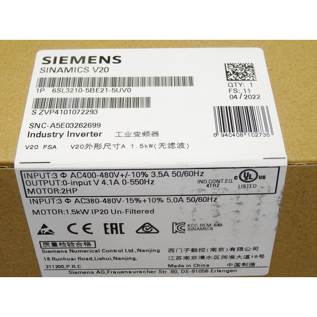 Siemens Sinamics V20 6SL3210-5BE21-5UV0 6SL3 210-5BE21-5UV0 / Neu OVP versiegelt - Maranos.de