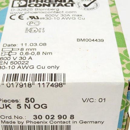 Phoenix Contact UK5NOG / 3002908 / Inhalt : 50 Stück / Neu OVP versiegelt - Maranos.de