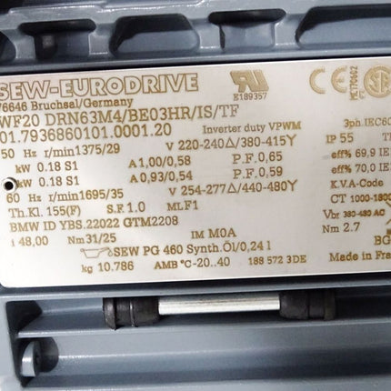 SEW Eurodrive Getriebemotor WF20 DRN63M4/BE03HR/IS/TF 1375/29 r/min 0.18kW i48 / Unbenutzt - Maranos.de