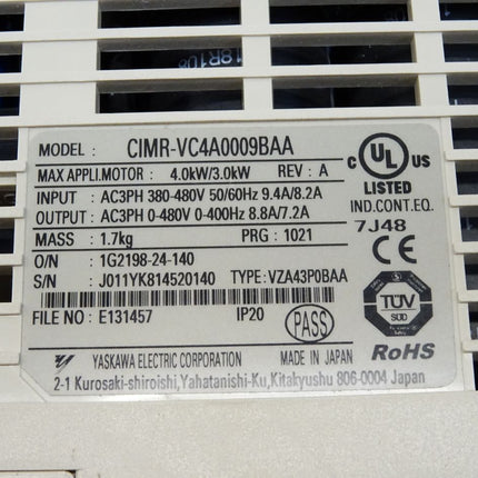 Yaskawa CIMR-VC4A0009BAA 4/3kW Frequenzumrichter mit Filter A1000-FIV3010-RE - Maranos.de