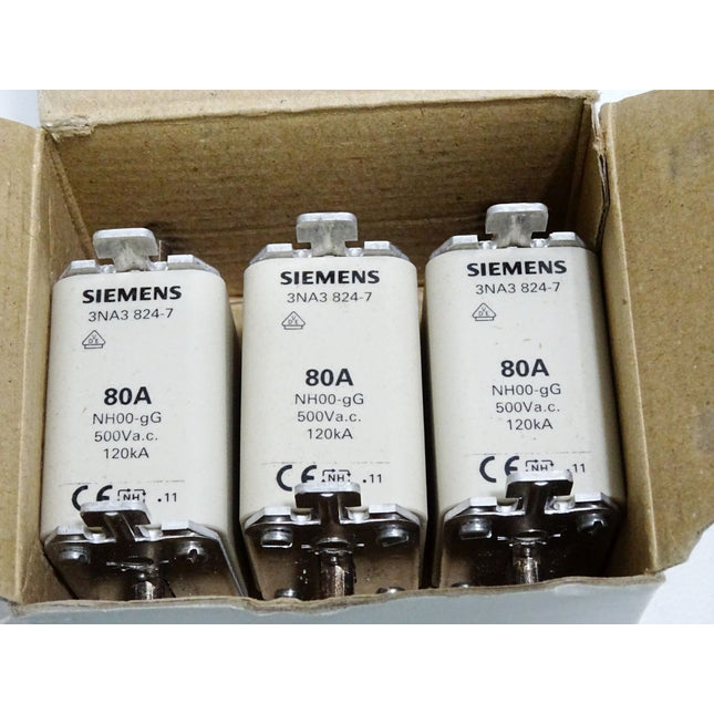 Siemens Sicherungseinsatz 3NA3824-7 NH00 80A 500VAC / Inhalt : 3 Stück / Neu OVP - Maranos.de