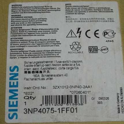 Siemens 3NP4075-1FF01 / 3NP407 3ZX1012-0NP40-2AA1 Sicherungslasttrennschalter OVP - Maranos.de