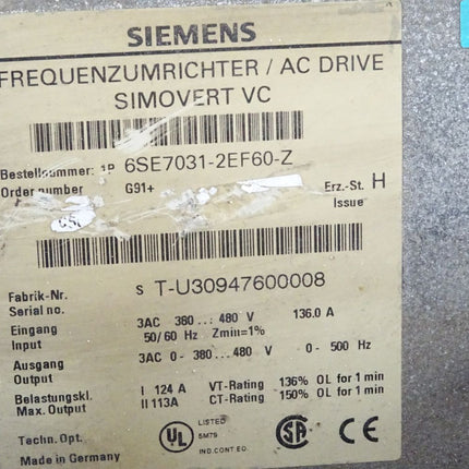 Siemens Simovert Frequenzumrichter 6SE7031-2EF60-Z G91 mit Optionskarte 6SE7090-0XX84-0AB0 + 6SE7090-0XX84-0FF5 - Maranos.de