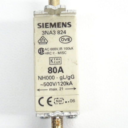 Siemens 3NA3 824 NH000-gL/gG 500V/120kA 80A NEU 3NA3824 - Maranos.de