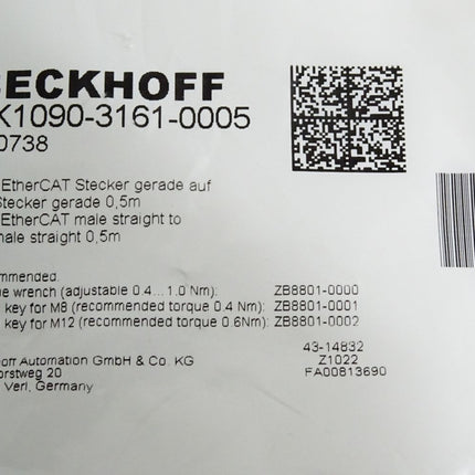 Beckhoff ZK1090-3161-0005 EtherCAT-Leitung 0.5m / Neu OVP - Maranos.de