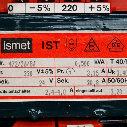 Ismet Trafo Transformator IST 472/26/8J 0,5kVA 220V+/- 5% auf 24V - Maranos.de