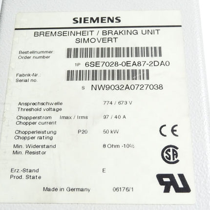 Siemens Simovert Bremseinheit 6SE7028-0EA87-2DA0 50kW - Maranos.de