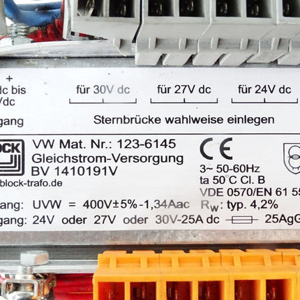 Block Trafo Transformator 123-6145 BV1410191V Gleichstrom-Versorgung 400V auf 24/27V - Maranos.de