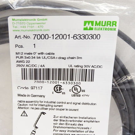 Murr Elektronik 7000-12001-6330300 M12 Stift 0° A-kodiert / Neu OVP - Maranos.de
