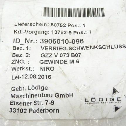 Lödige Verriegelung Schwenkschlüssel 3906010-096 / GZZV073B07 / Gewinde M6 / Neu - Maranos.de