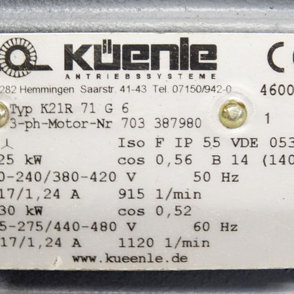 Küenle Antriebsysteme Motor K21R 71 G 6 703387980 915-1120min-1 + Stöber Getriebe DW0-1200-025-4 - Maranos.de