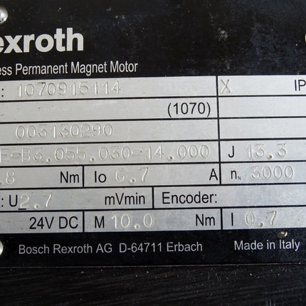 Rexroth Brushless Permanent Magnet Motor Servomotor 1070915114 SE-B3.055.030-14.000 3000RPM - Maranos.de
