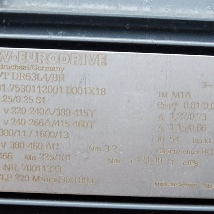 SEW Eurodrive Getriebemotor KT47/T DR63L4/BR KT47/TDR63L4/BR 0.25kW 1300/11 1600/13r/min i121.48 Unbenutzt - Maranos.de