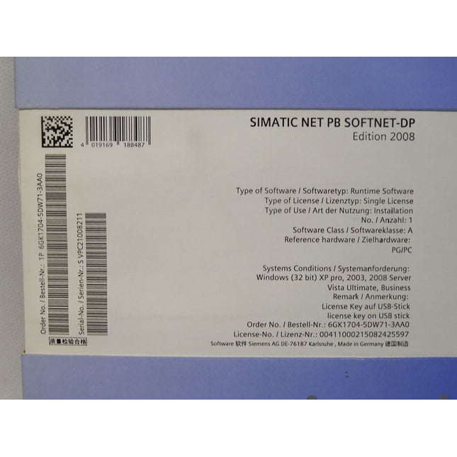 Siemens 6GK1704-5DW71-3AA0 PB SOFTNET-DP/2008 (mit License Key) / Neu OVP - Maranos.de