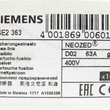 Siemens Sicherungseinsatz 63A 5SE2363 / Inhalt:10 Stück / Neu OVP - Maranos.de