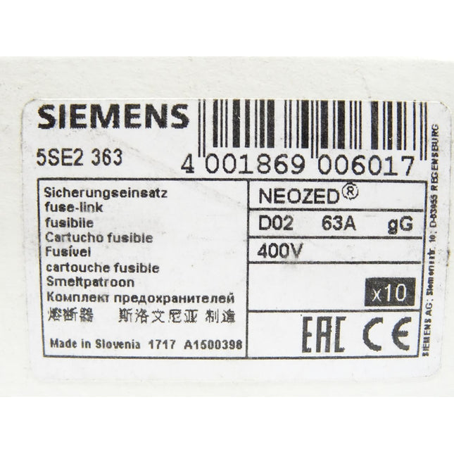 Siemens Sicherungseinsatz 63A 5SE2363 / Inhalt:10 Stück / Neu OVP - Maranos.de
