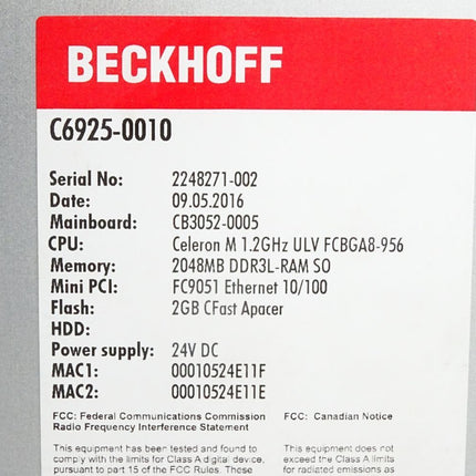 Beckhoff C6925-0010  Lüfterloser Schaltschrank-Industrie-PC mit Compact-Flash-Karte und Lizenz - Maranos.de