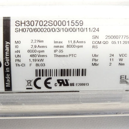 Schneider Electric Servomotor SH30702S0001559 SH070/60020/0/3/10/00/10/11/24 6000-8000rpm 1.19kW SH3 070 - Maranos.de