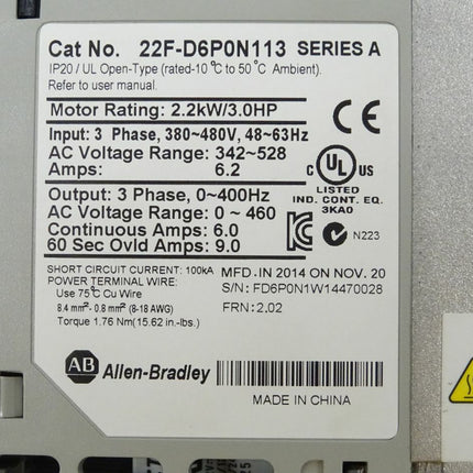 Allen-Bradley 22F-D6P0N113 Frequenzumrichter 2,2kW NEU-OVP - Maranos.de